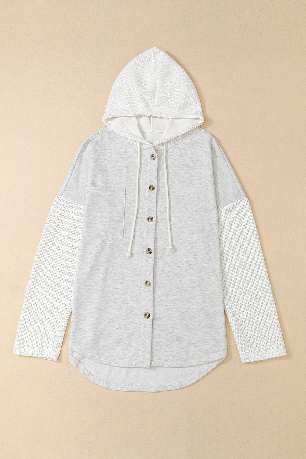 Gray Button Up Contrast Knitted Sleeves Hooded Jacket