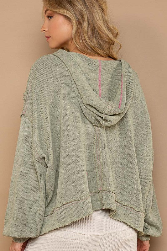 Round Neck Balloon Sleeve Hooded Knit Top