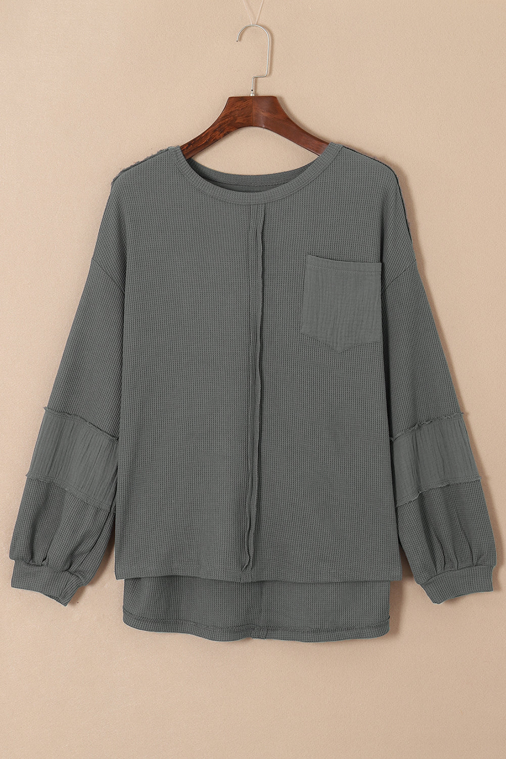Gray Exposed Seam Patchwork Bubble Sleeve Waffle Knit Top