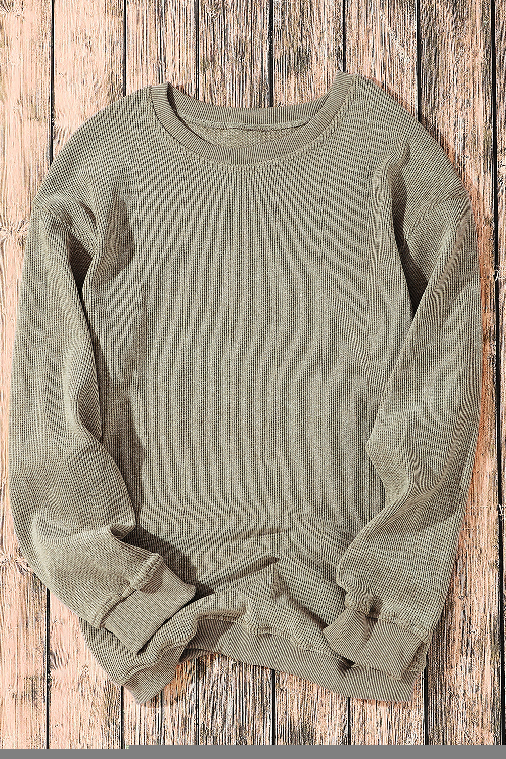 Green Solid Ribbed Knit Round Neck Pullover Sweatshirt