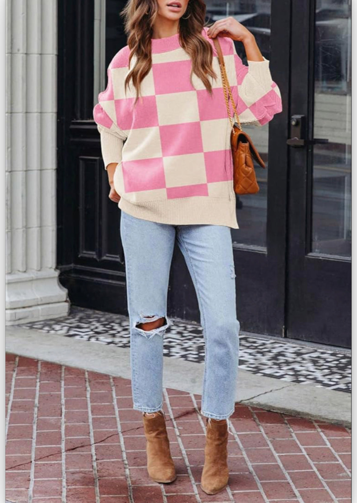 Pink checkered bishop sweater